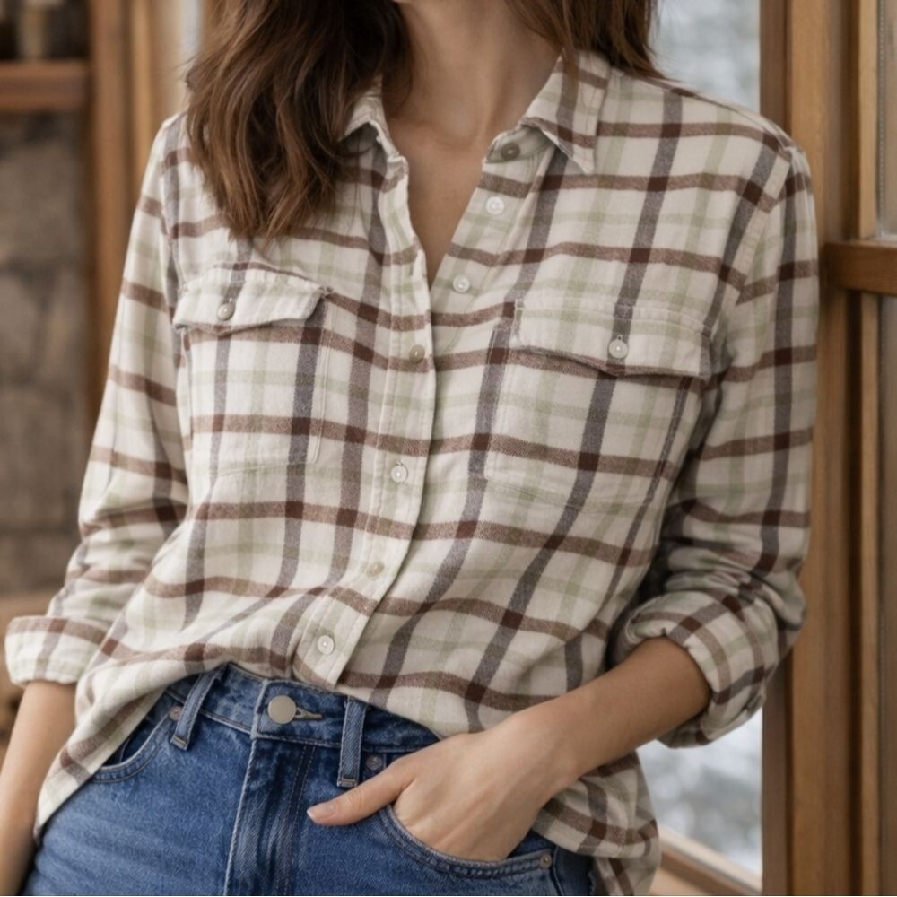 NWT Everlane Plaid Flannel Shirt XS Cream Green Brown Cabincore Cozy Minimalist